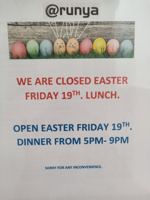 Trading hour: GOOD FRIDAY 19TH APRIL 2019.
 We are CLOSED Good Friday lunch.
 OP…